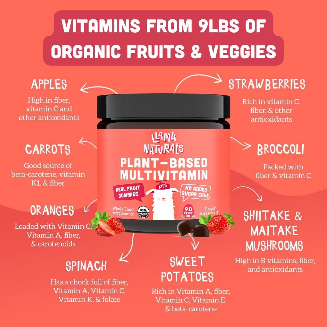 Llama Naturals Real Fruit Gummy Vitamins for Kids, No Added Sugar Cane