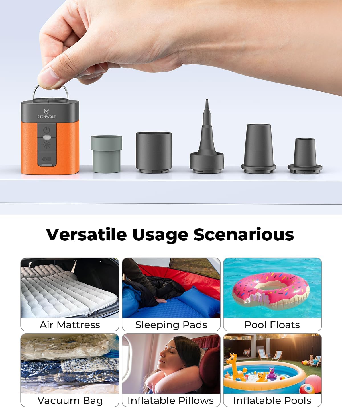 ETENWOLF AIR 3 Pripučiamų atributų oro pompa su 2600 mAh baterija ir stovyklavimo apšvietimu