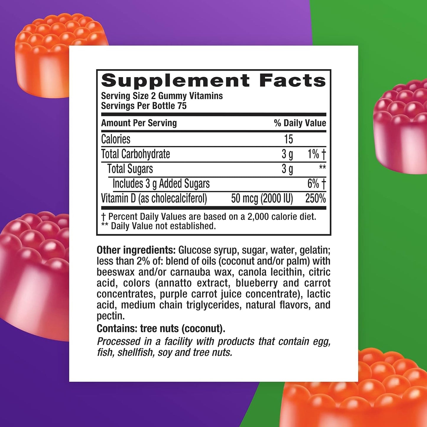 Vitafusion Vitamin D3 Gummy Vitamins for Bone and Immune System Support, Peach, Blackberry and Strawberry Flavored