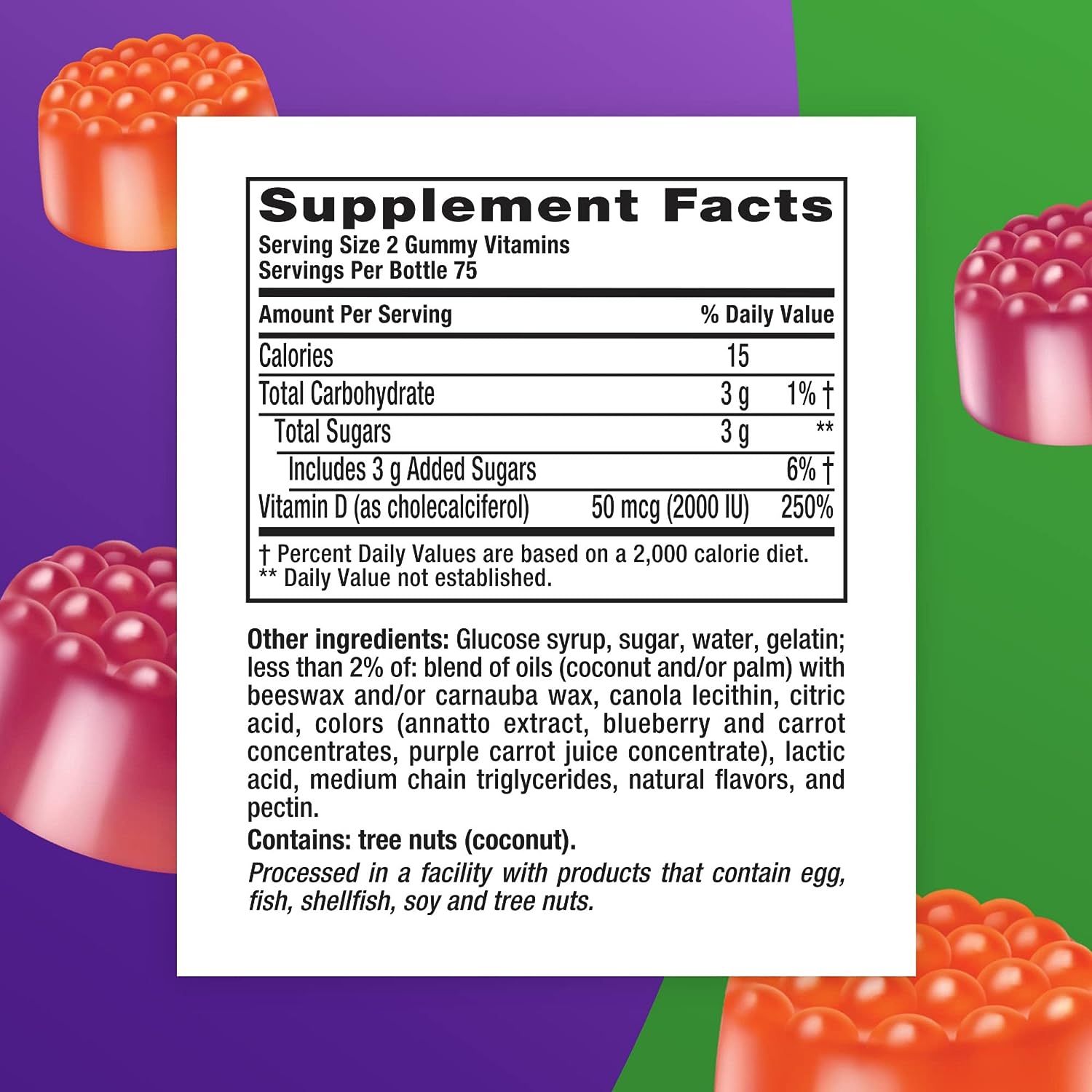 Vitafusion Vitamin D3 Gummy Vitamins for Bone and Immune System Support, Peach, Blackberry and Strawberry Flavored