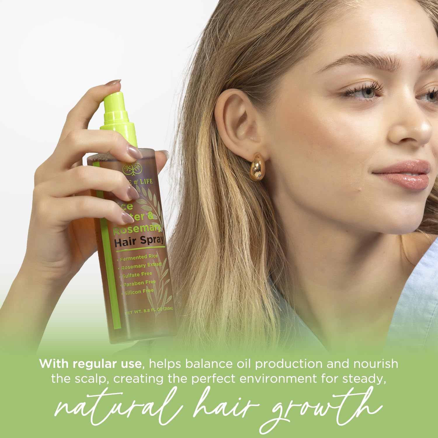 Tree of Life Beauty plaukų augimą skatinantis purškiamas ryžių vanduo su rozmarinu