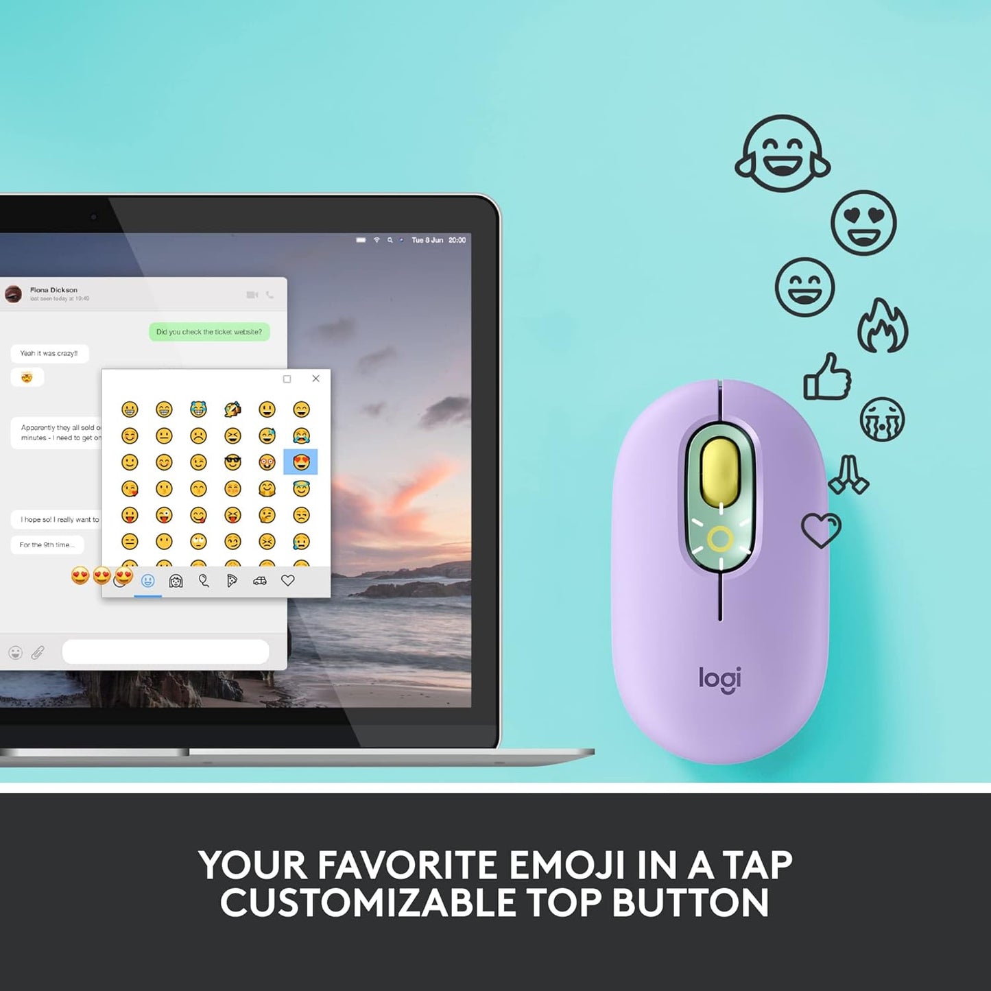 Logitech POP belaidė pelytė Mouse, Wireless Mouse with Customizable Emojis, Silenttouch Technology, Precision/Speed Scroll, Compact Design, Bluetooth, Multi-Device, OS Compatible - Daydream Mint