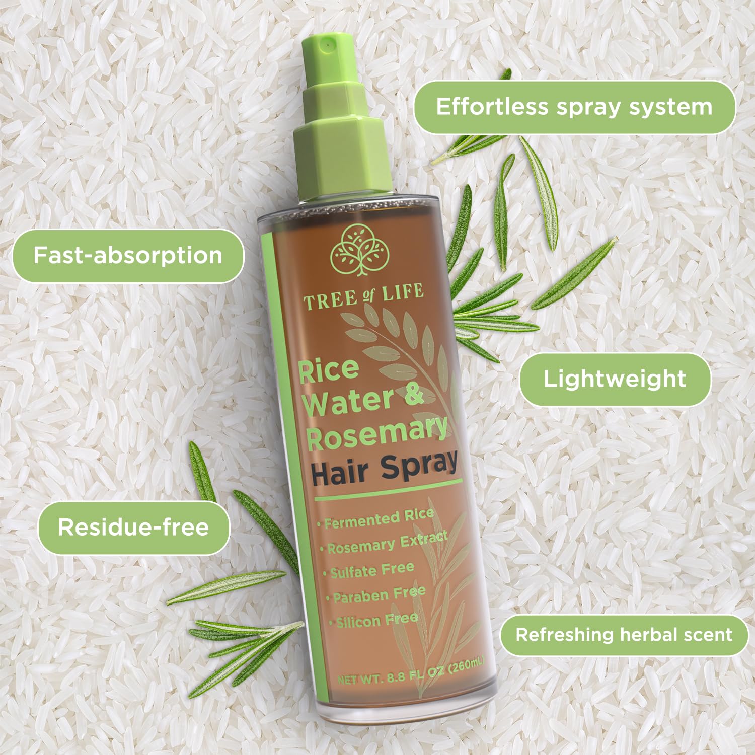 Tree of Life Beauty plaukų augimą skatinantis purškiamas ryžių vanduo su rozmarinu