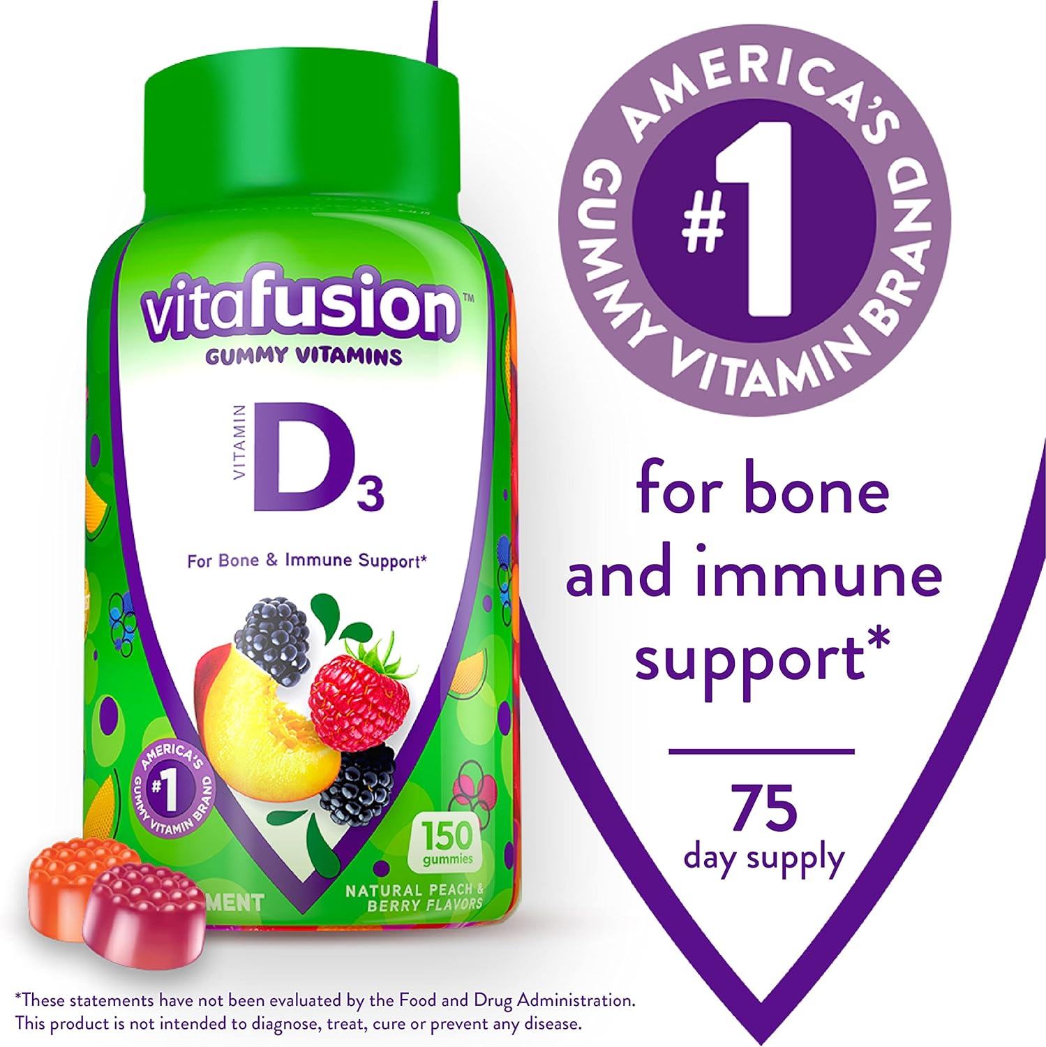 Vitafusion Vitamin D3 Gummy Vitamins for Bone and Immune System Support, Peach, Blackberry and Strawberry Flavored