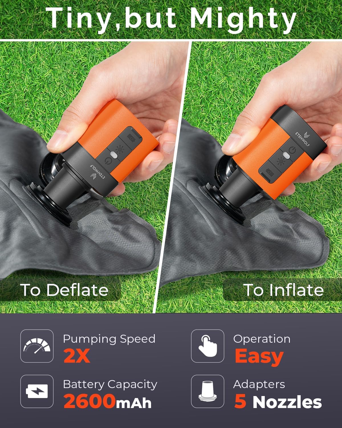 ETENWOLF AIR 3 Pripučiamų atributų oro pompa su 2600 mAh baterija ir stovyklavimo apšvietimu
