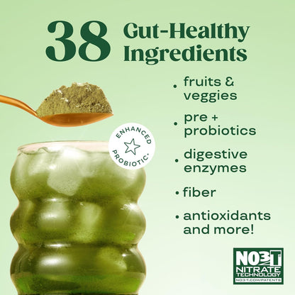 Bloom Nutrition Greens & Superfoods milteliai su probiotikais, prebiotikais ir virškinimo fermentais, supermaisto mišinys su spirulina, chlorela ir burokėlių milteliais