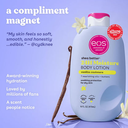 eos Shea Better Vanilla Cashmere kūno losjonas, 24 val. drėkinimas, 473 ml