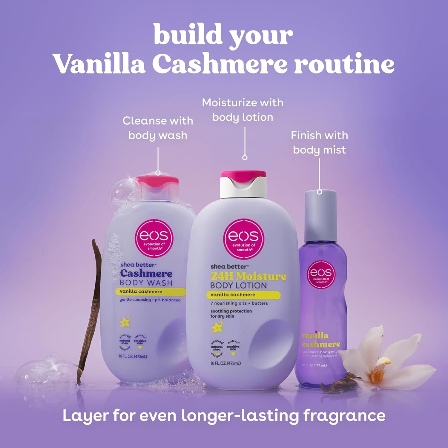 eos Shea Better Vanilla Cashmere kūno losjonas, 24 val. drėkinimas, 473 ml