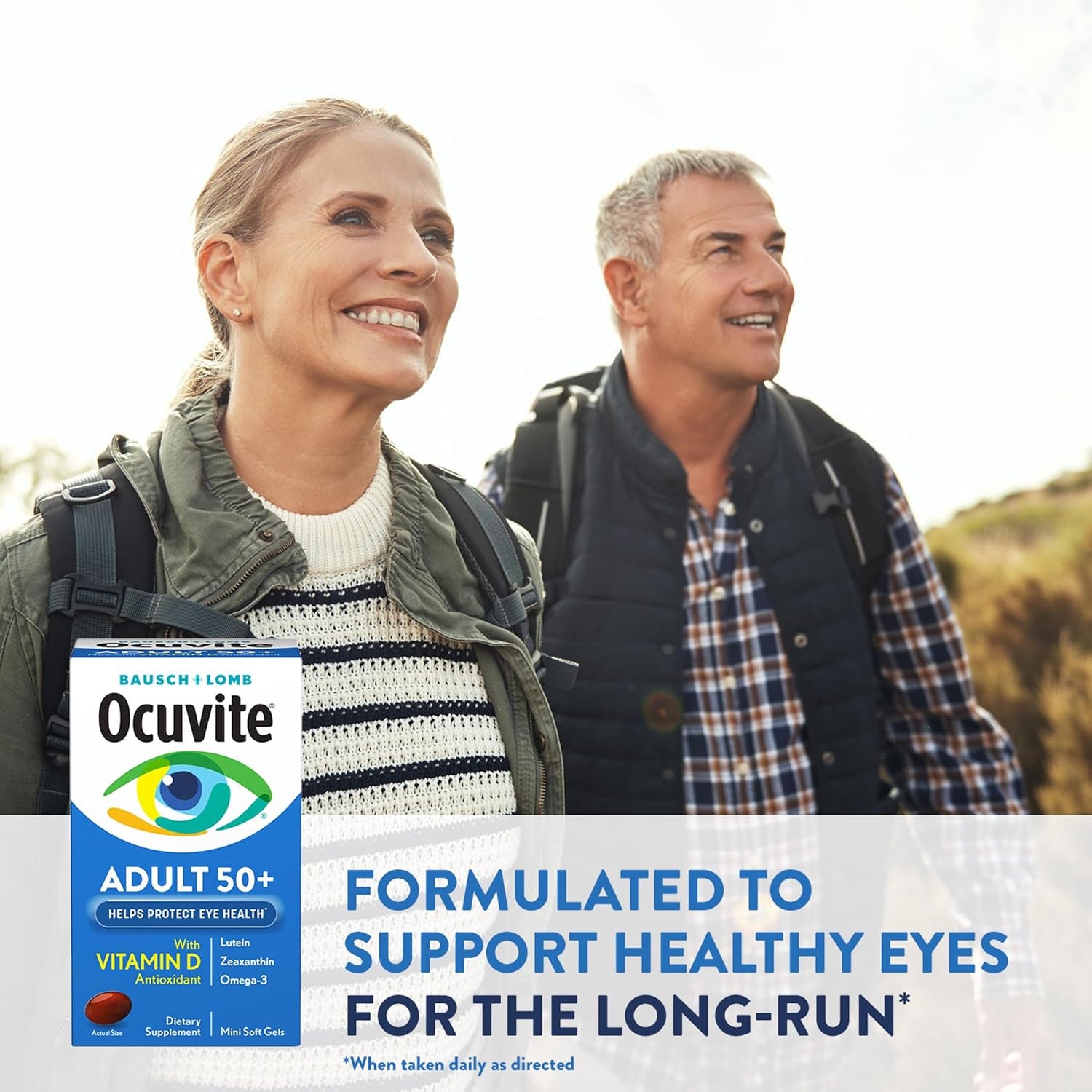 Ocuvite Adult 50+ vitaminų ir mineralų papildas akims su omega-3, liuteinu, zeaksantinu, vitaminais C, D ir E, cinku bei variu, 90 minkštųjų kapsulių