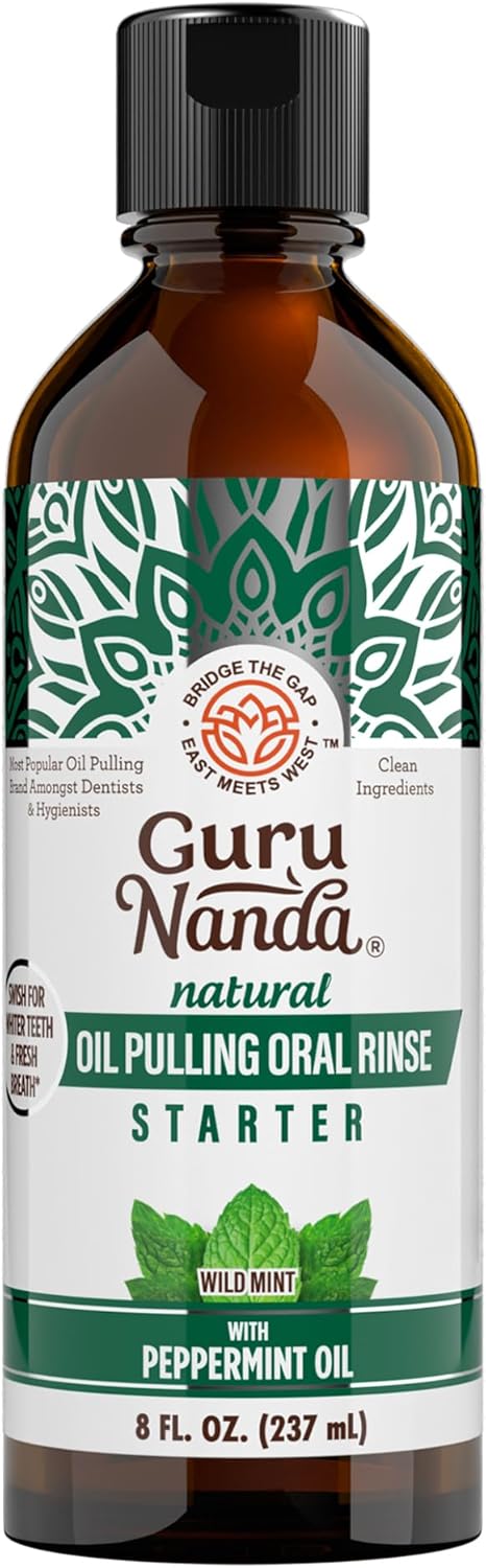 GuruNanda Starter Oil Pulling burnos skalavimo skystis su kokosų ir pipirmėčių aliejais, gaiviam burnos kvapui, sveikoms dantenoms ir natūraliam dantų balinimui, be alkoholio, 237 ml
