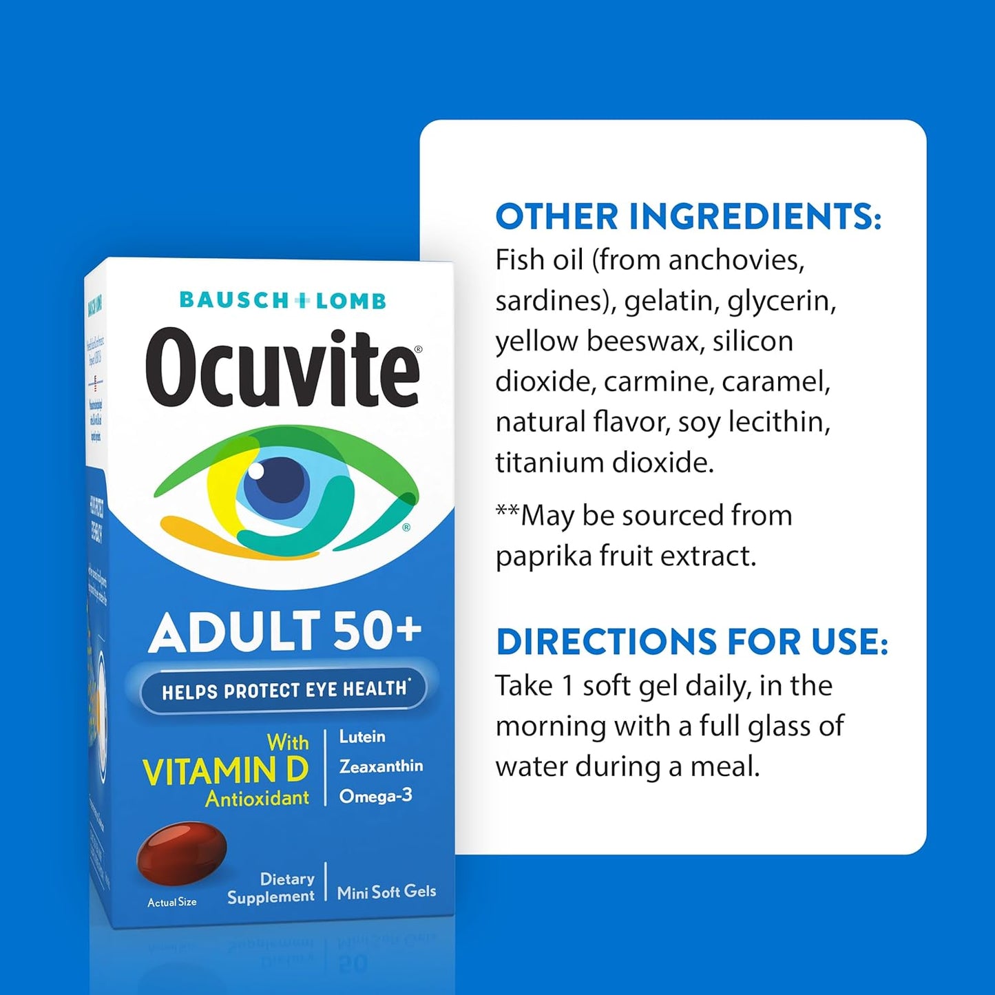 Ocuvite Adult 50+ vitaminų ir mineralų papildas akims su omega-3, liuteinu, zeaksantinu, vitaminais C, D ir E, cinku bei variu, 90 minkštųjų kapsulių
