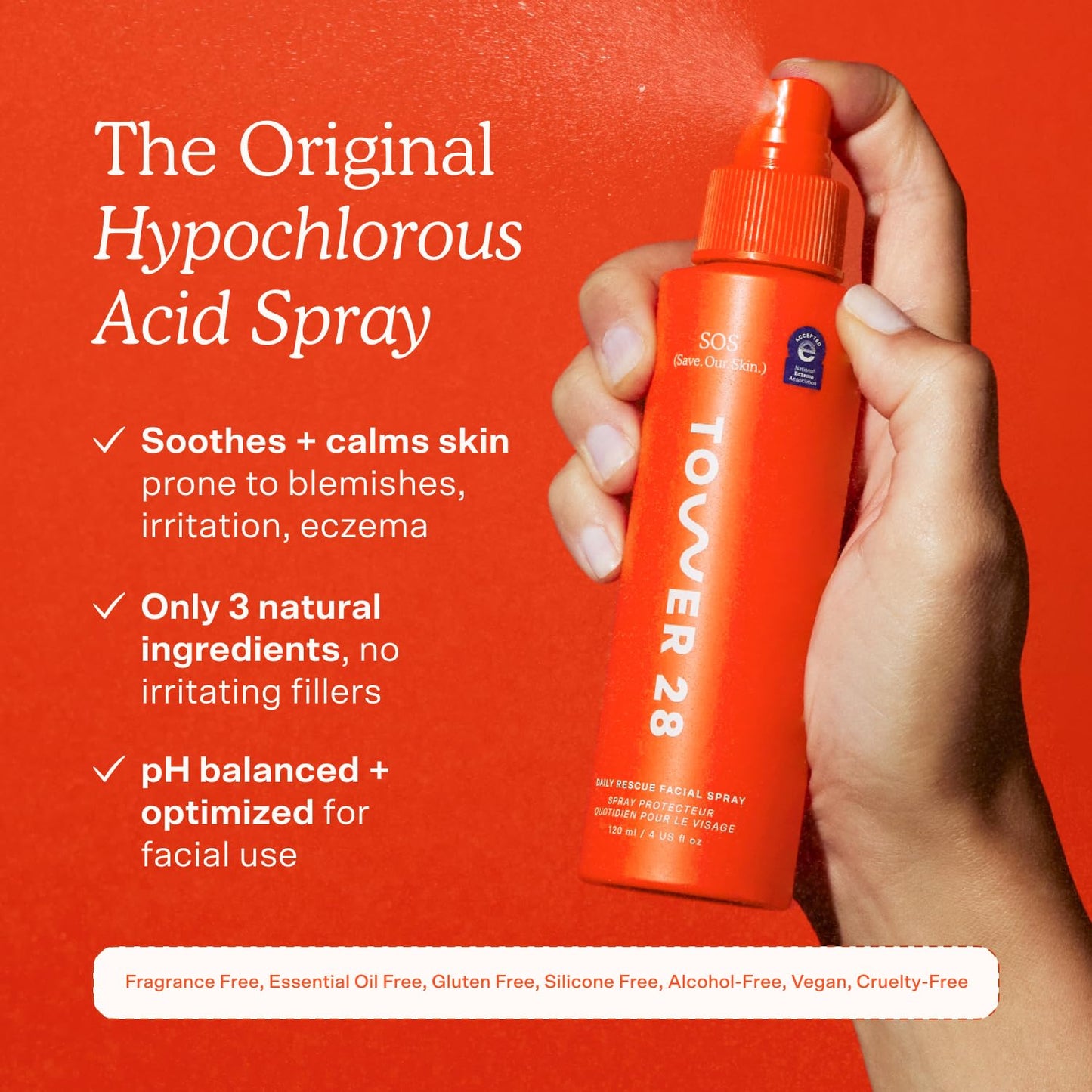 Tower 28 SOS Daily Rescue Facial Spray - Hipochlorido rūgšties purškiklis, padedantis sumažinti paraudimą ir sudirginimą