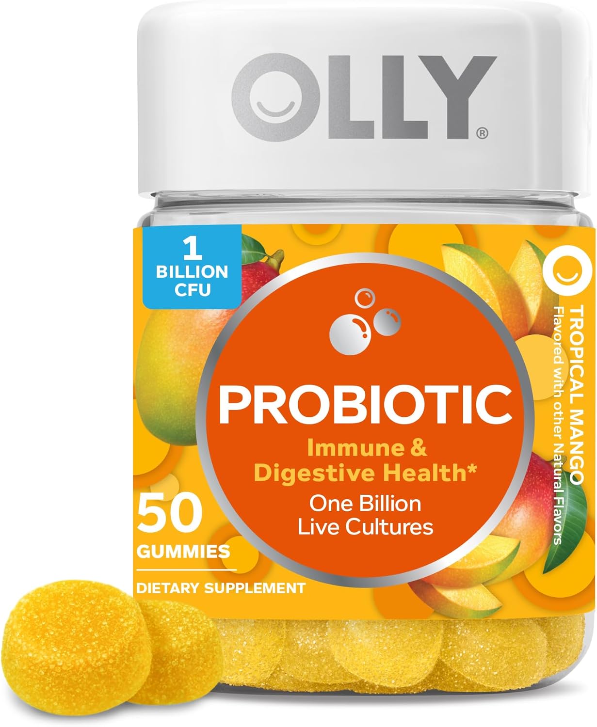 OLLY probiotiniai guminukai, imuninės sistemos ir virškinimo palaikymui, 1 milijardas KSV, tropinių mangų skonio