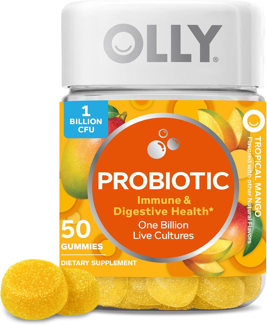 OLLY probiotiniai guminukai, imuninės sistemos ir virškinimo palaikymui, 1 milijardas KSV, tropinių mangų skonio