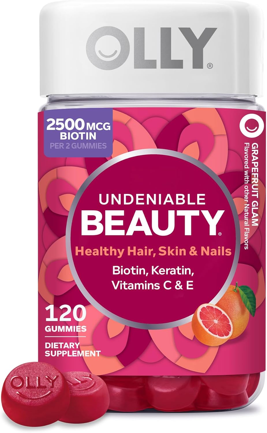 OLLY Undeniable Beauty plaukų, odos ir nagų guminukai, 2500 mcg biotino, su keratinu ir vitaminu C, greipfrutų skonio
