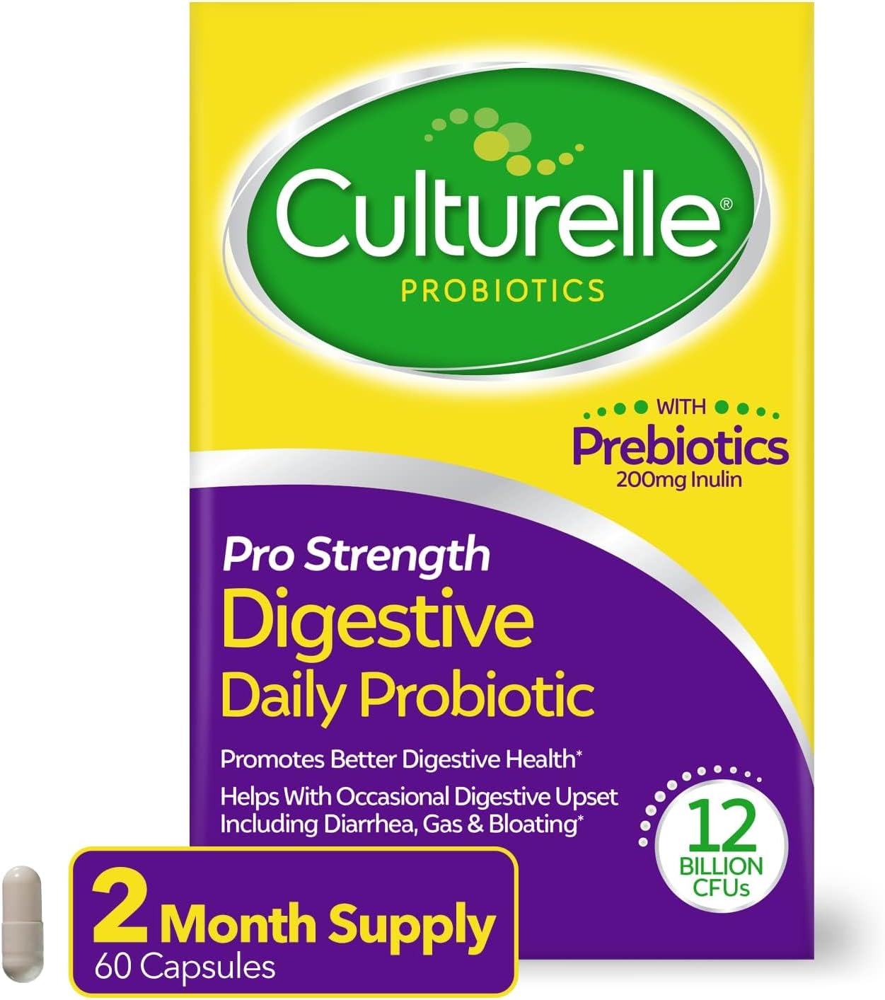 Culturelle Pro Strength kasdieniai probiotikai su prebiotikais virškinimo sistemos sveikatai, 60 kapsulių