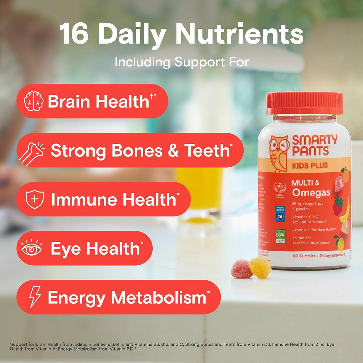 SmartyPants multivitaminų guminukai vaikams su Omega-3 žuvų taukais (EPA/DHA), vitaminais D3, C, B12, B6, A, K ir cinku, 120 guminukų