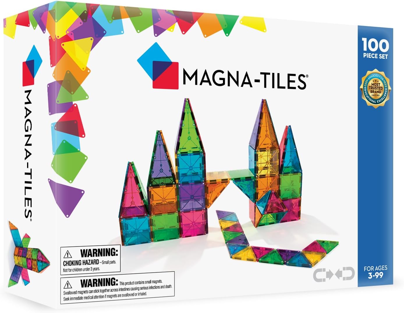MAGNA-TILES magnetinių konstruktorių rinkinys kūrybiškam STEM mokymuisi, 100 vnt.