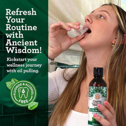 GuruNanda Starter Oil Pulling burnos skalavimo skystis su kokosų ir pipirmėčių aliejais, gaiviam burnos kvapui, sveikoms dantenoms ir natūraliam dantų balinimui, be alkoholio, 237 ml