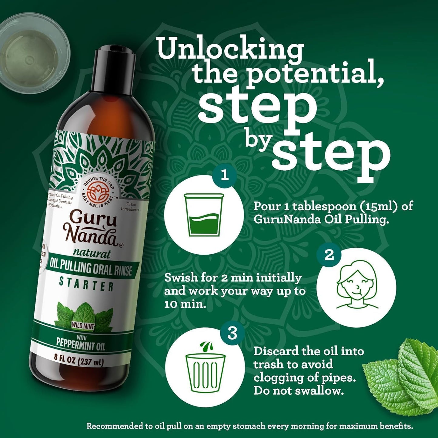 GuruNanda Starter Oil Pulling burnos skalavimo skystis su kokosų ir pipirmėčių aliejais, gaiviam burnos kvapui, sveikoms dantenoms ir natūraliam dantų balinimui, be alkoholio, 237 ml
