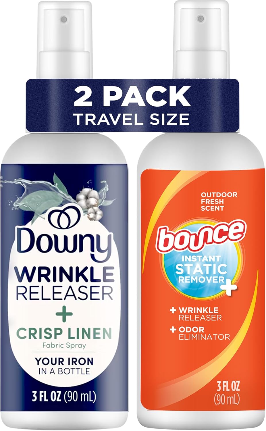 Downy audinių raukšlių lyginimo purškalas ir Bounce audinių gaiviklis
