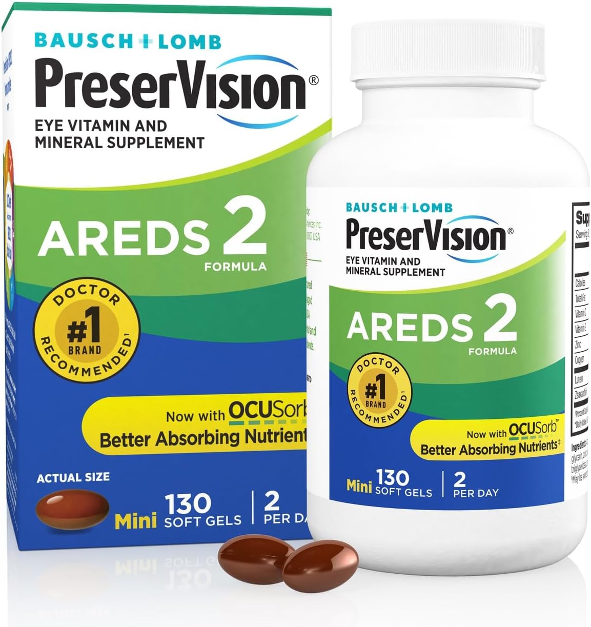 PreserVision AREDS 2 vitaminų ir mineralų papildas akims su liuteinu, zeaksantinu, vitaminais C ir E, cinku bei variu, 130 minkštųjų kapsulių