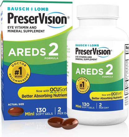 PreserVision AREDS 2 vitaminų ir mineralų papildas akims su liuteinu, zeaksantinu, vitaminais C ir E, cinku bei variu, 130 minkštųjų kapsulių