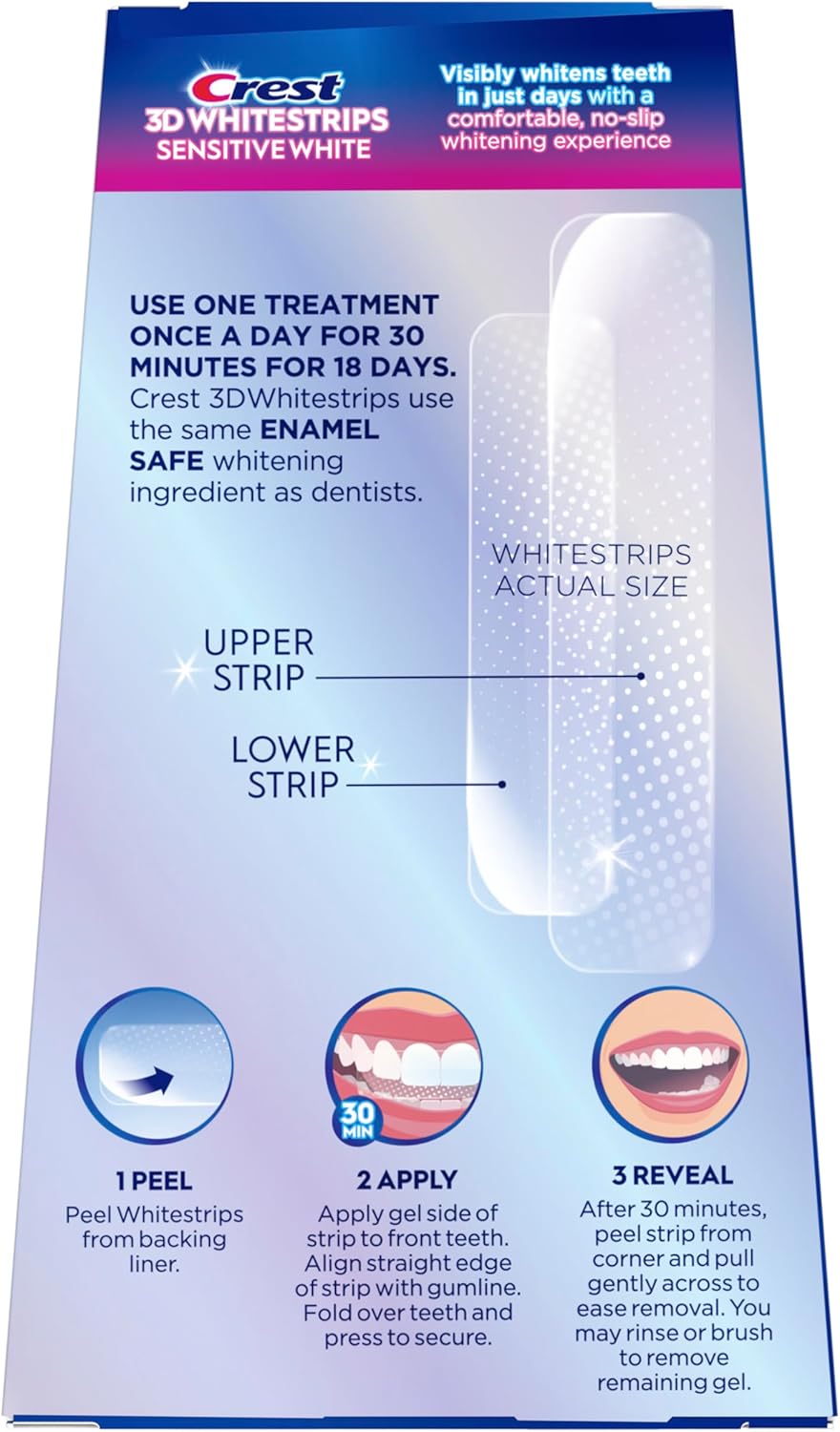 Crest 3D Whitestrips Sensitive White dantų balinimo rinkinys jautriems dantims, 18 procedūrų (36 balinimo juostelės)