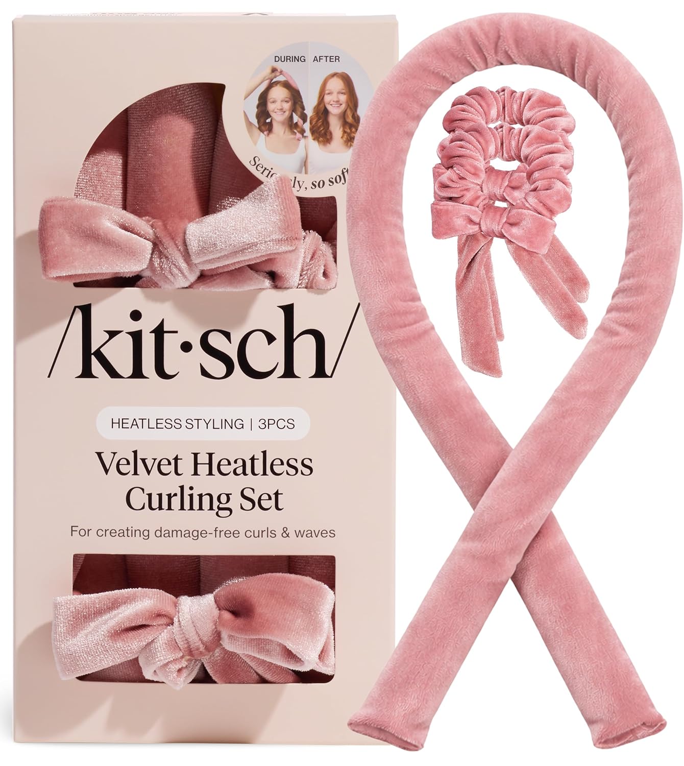 Kitsch satininis plaukų garbanojimo rinkinys be karščio, naktinis plaukų formavimo rinkinys su satininėmis gumytėmis