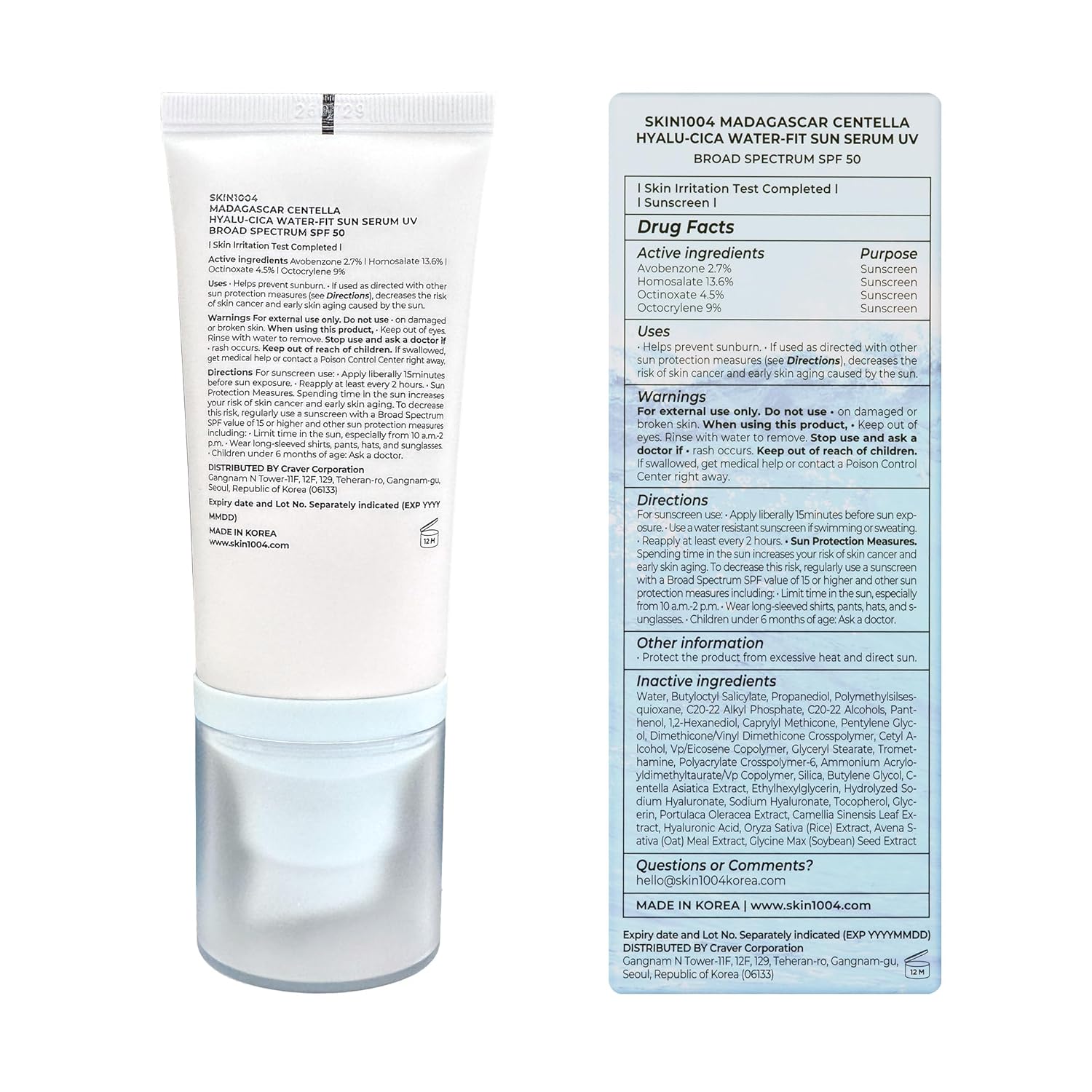 SKIN1004 Madagascar Centella Hyalu-Cica Water-Fit Sun Serum SPF 50 apsauginis kremas nuo saulės, 50 ml