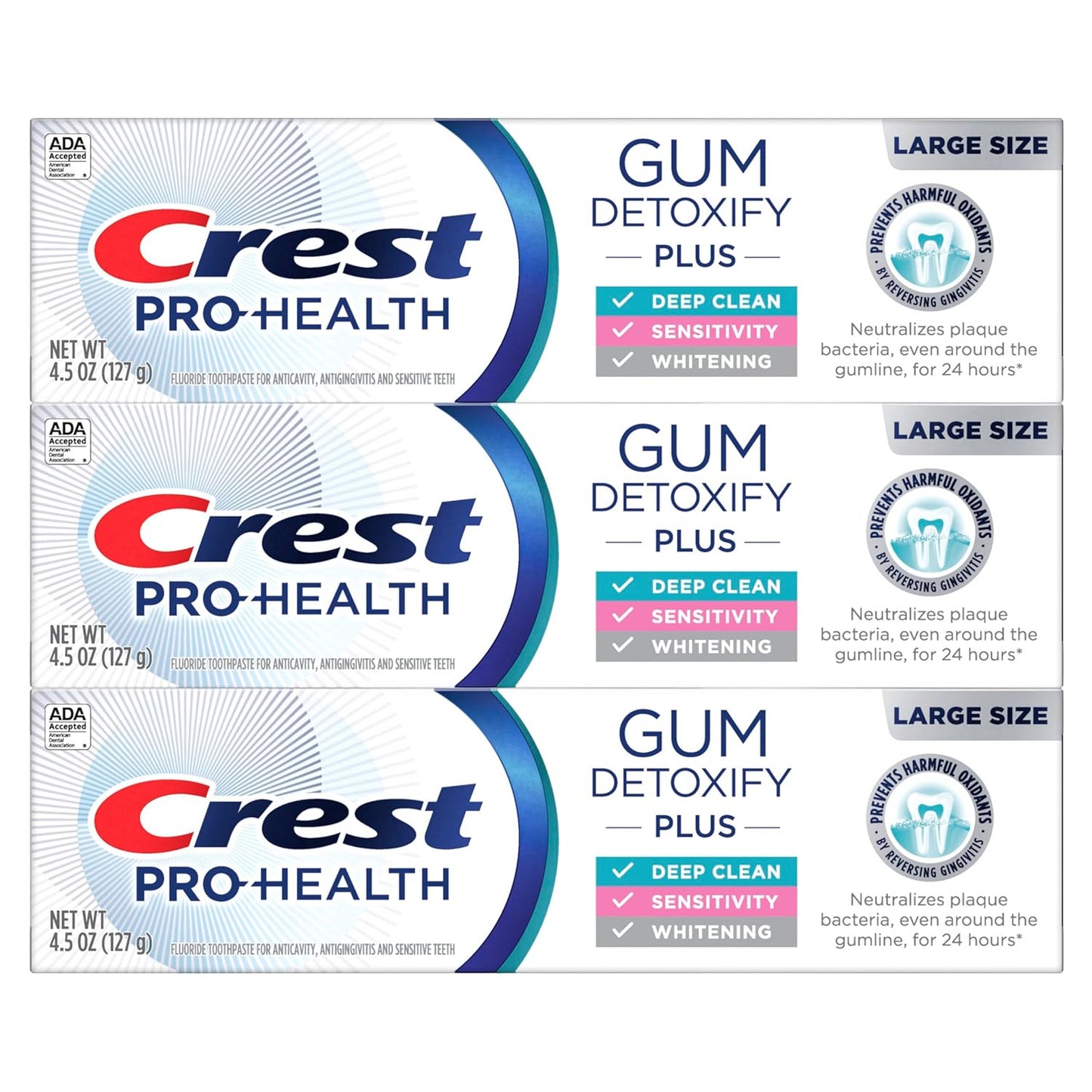 Crest Pro-Health Gum Detoxify Plus dantų pasta su fluoru, antibakterinė pasta dantenų sveikatai, jautrumo mažinimui, balinimui, apsaugai nuo ėduonies ir apnašų kontrolei (3 vnt.)