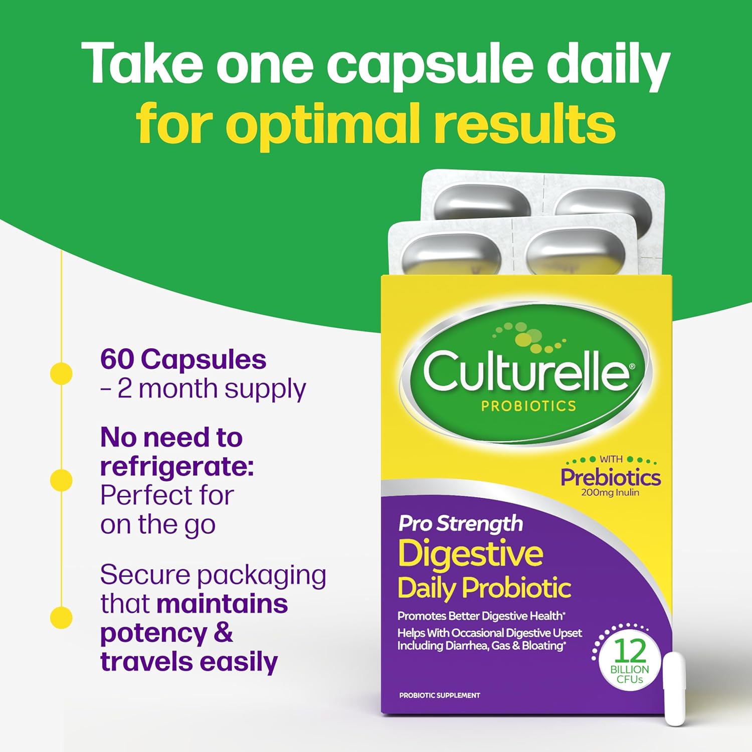 Culturelle Pro Strength kasdieniai probiotikai su prebiotikais virškinimo sistemos sveikatai, 60 kapsulių