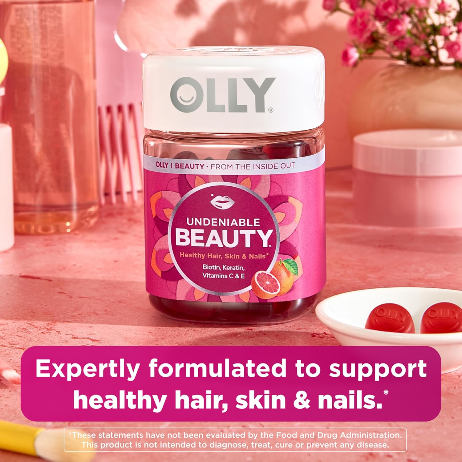 OLLY Undeniable Beauty plaukų, odos ir nagų guminukai, 2500 mcg biotino, su keratinu ir vitaminu C, greipfrutų skonio