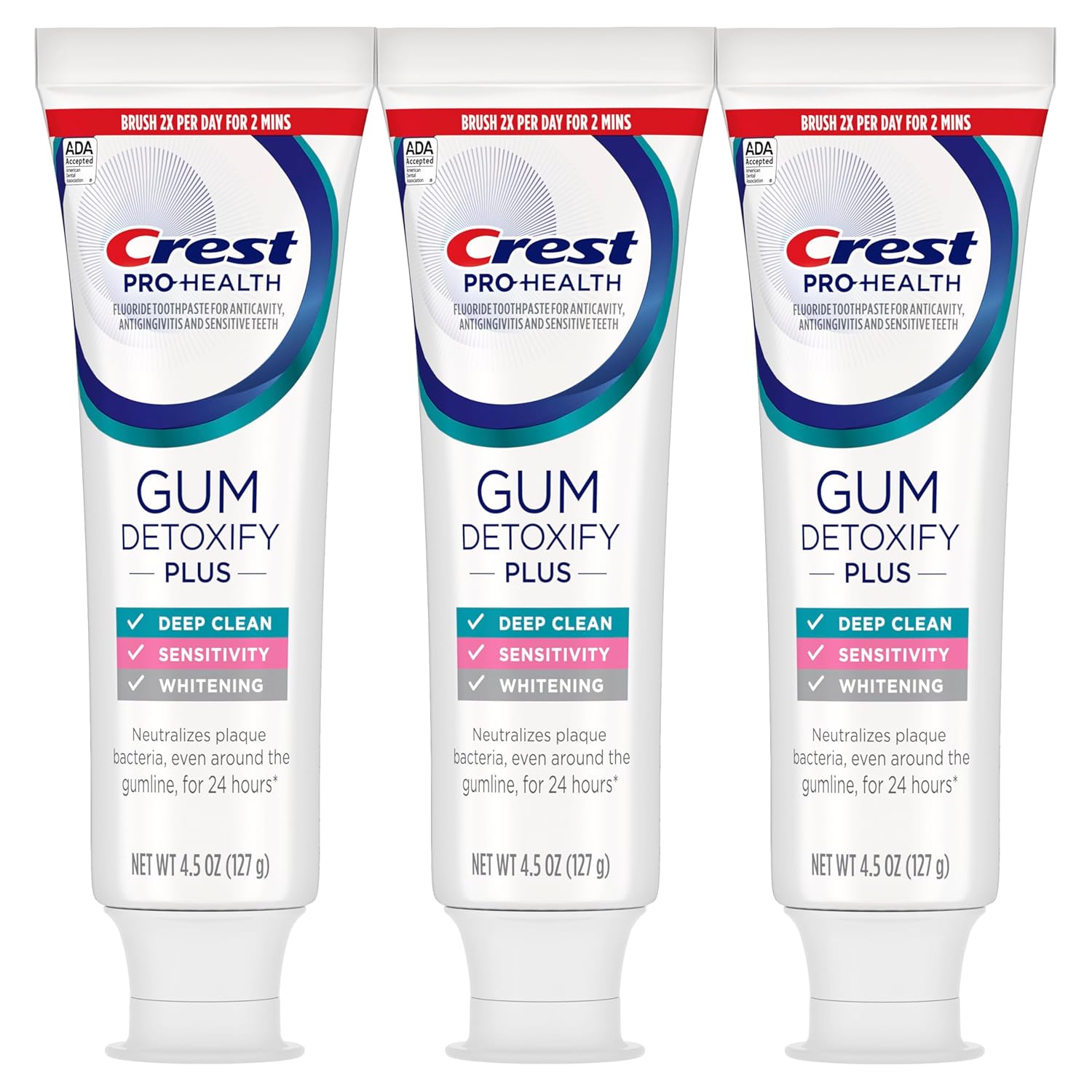 Crest Pro-Health Gum Detoxify Plus dantų pasta su fluoru, antibakterinė pasta dantenų sveikatai, jautrumo mažinimui, balinimui, apsaugai nuo ėduonies ir apnašų kontrolei (3 vnt.)