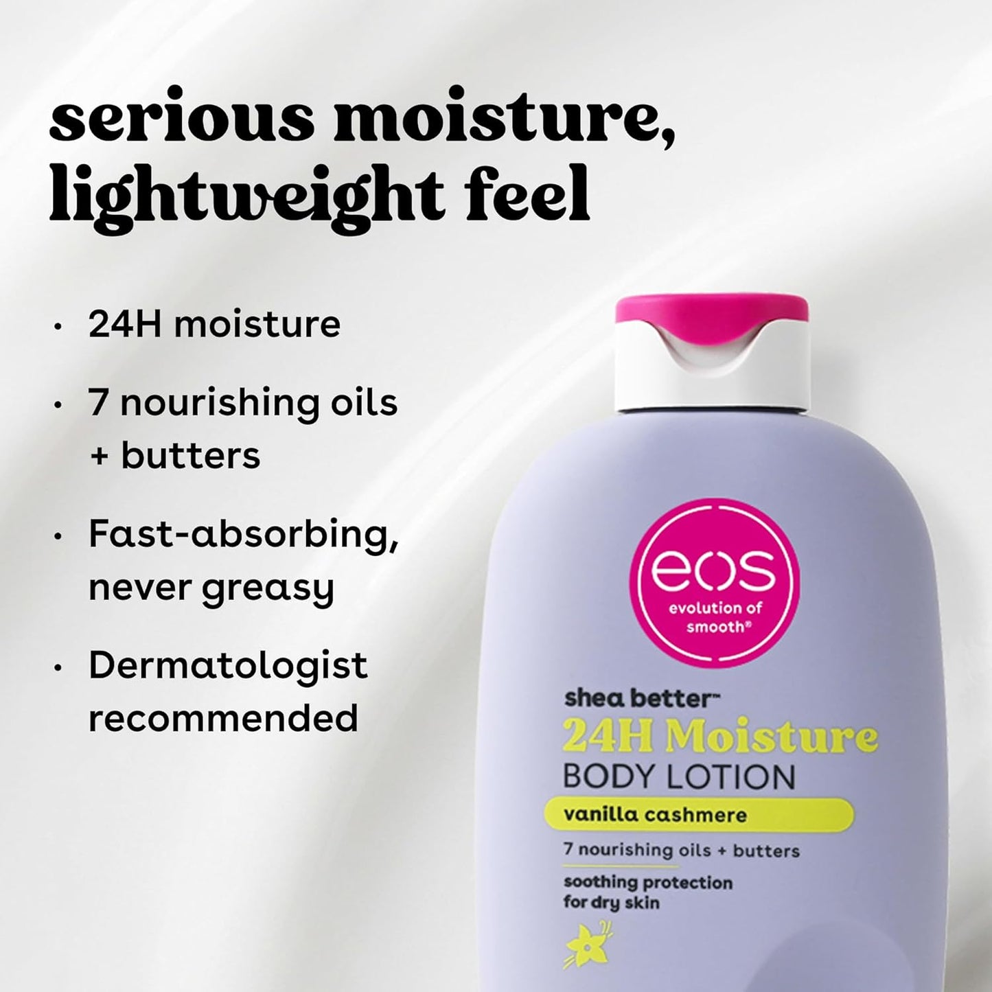 eos Shea Better Vanilla Cashmere kūno losjonas, 24 val. drėkinimas, 473 ml