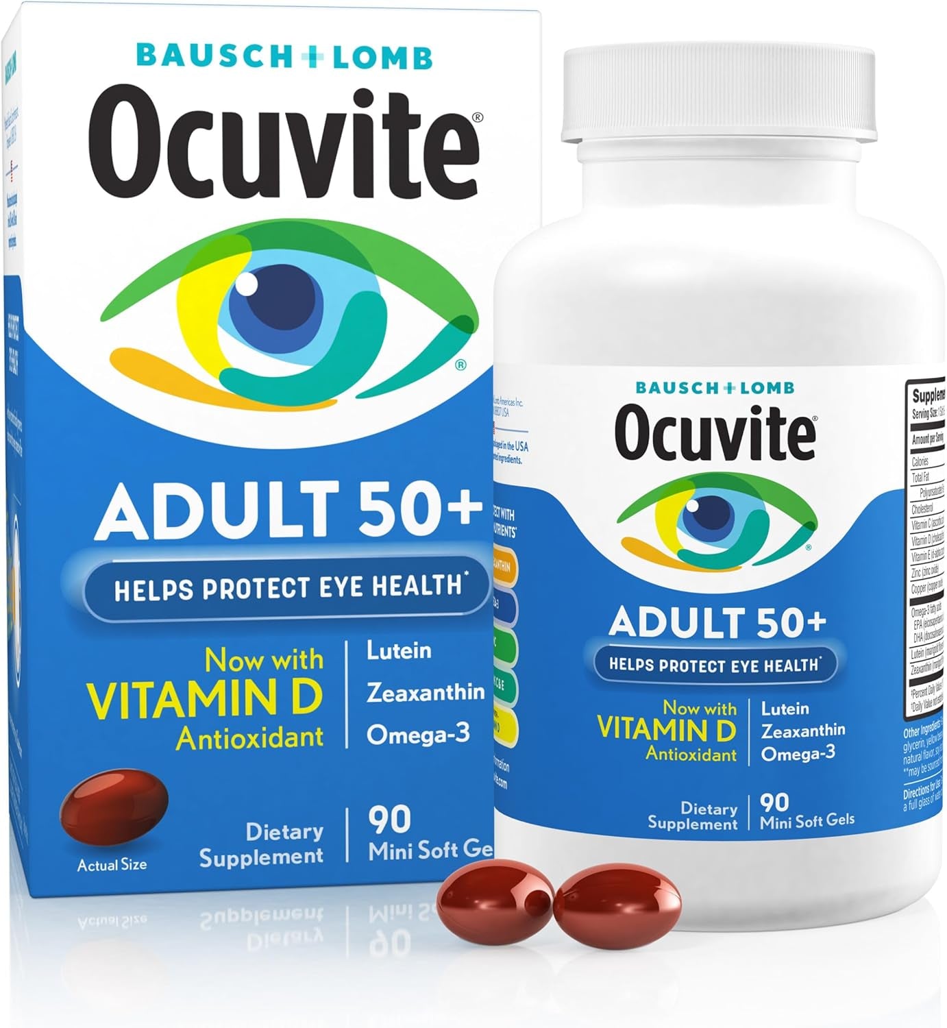 Ocuvite Adult 50+ vitaminų ir mineralų papildas akims su omega-3, liuteinu, zeaksantinu, vitaminais C, D ir E, cinku bei variu, 90 minkštųjų kapsulių