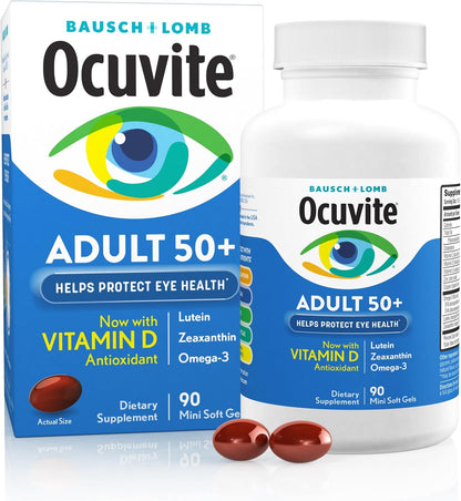 Ocuvite Adult 50+ vitaminų ir mineralų papildas akims su omega-3, liuteinu, zeaksantinu, vitaminais C, D ir E, cinku bei variu, 90 minkštųjų kapsulių