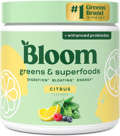 Bloom Nutrition Greens & Superfoods milteliai su probiotikais, prebiotikais ir virškinimo fermentais, supermaisto mišinys su spirulina, chlorela ir burokėlių milteliais
