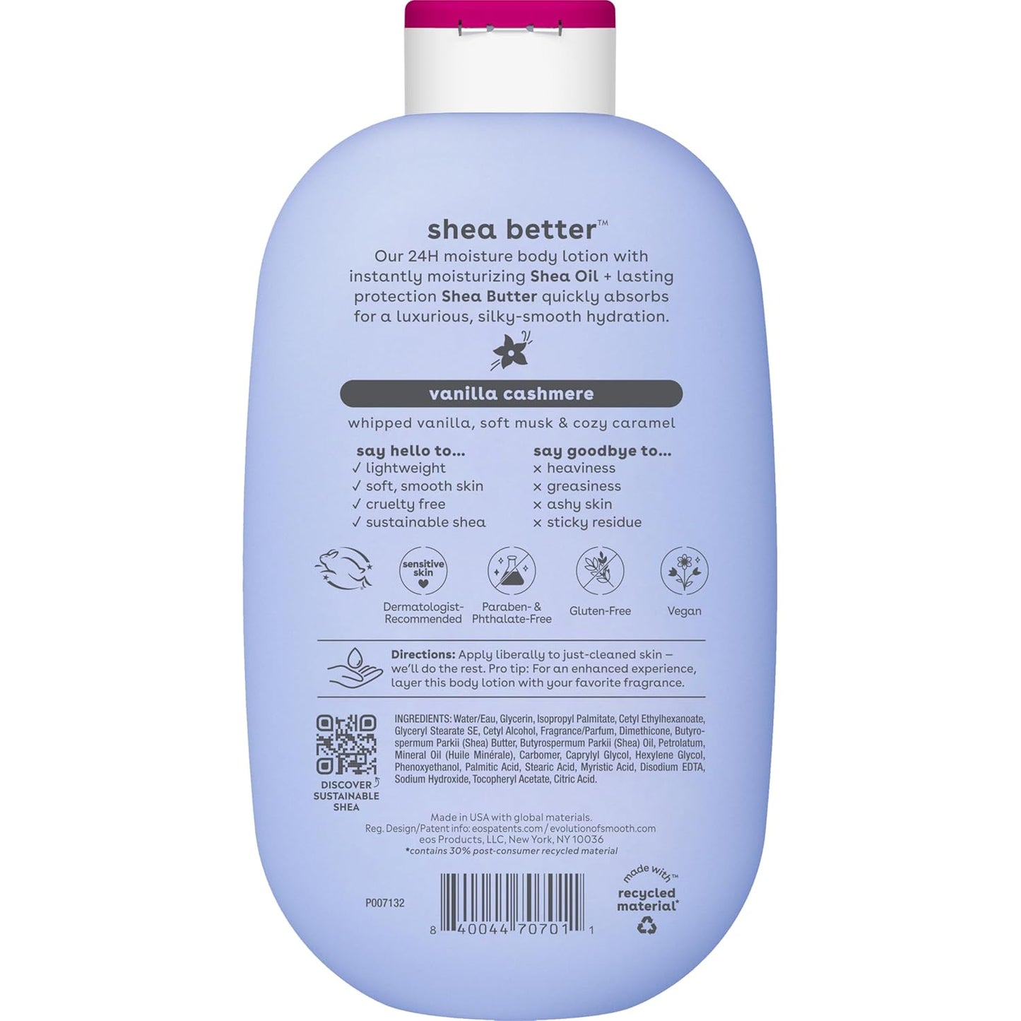 eos Shea Better Vanilla Cashmere kūno losjonas, 24 val. drėkinimas, 473 ml