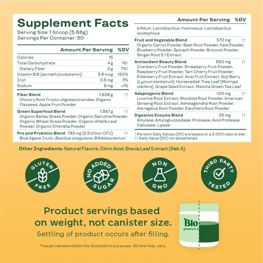 Bloom Nutrition Greens & Superfoods milteliai su probiotikais, prebiotikais ir virškinimo fermentais, supermaisto mišinys su spirulina, chlorela ir burokėlių milteliais