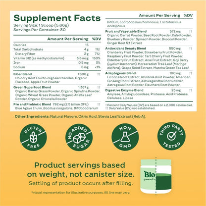 Bloom Nutrition Greens & Superfoods milteliai su probiotikais, prebiotikais ir virškinimo fermentais, supermaisto mišinys su spirulina, chlorela ir burokėlių milteliais
