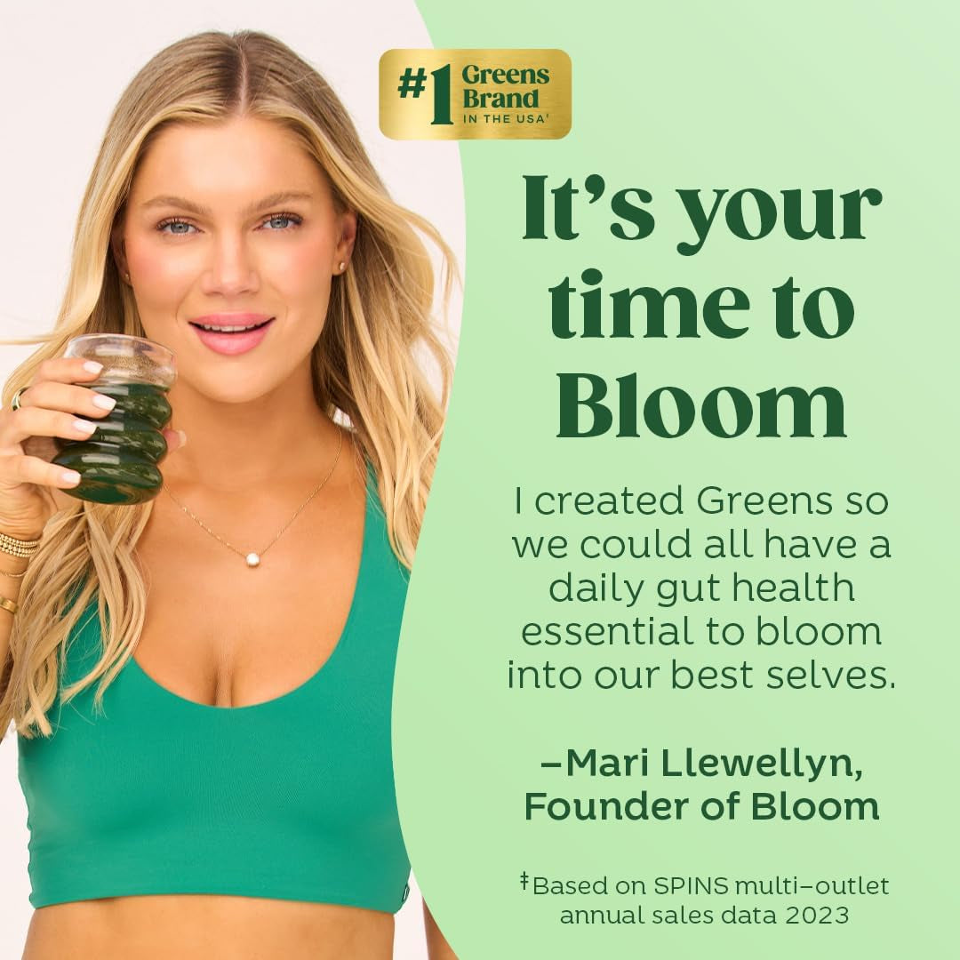 Bloom Nutrition Greens & Superfoods milteliai su probiotikais, prebiotikais ir virškinimo fermentais, supermaisto mišinys su spirulina, chlorela ir burokėlių milteliais